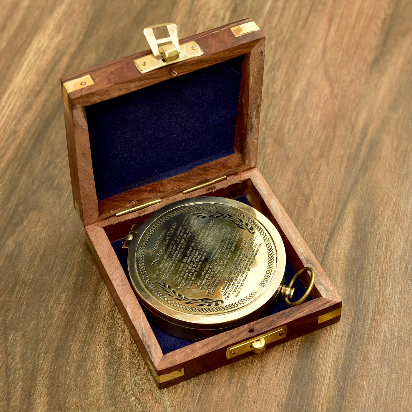 Engraved-Robert-Frost-Poem-Solid-Brass-Sundial-Marine-Compass-in-Sheesham-Box