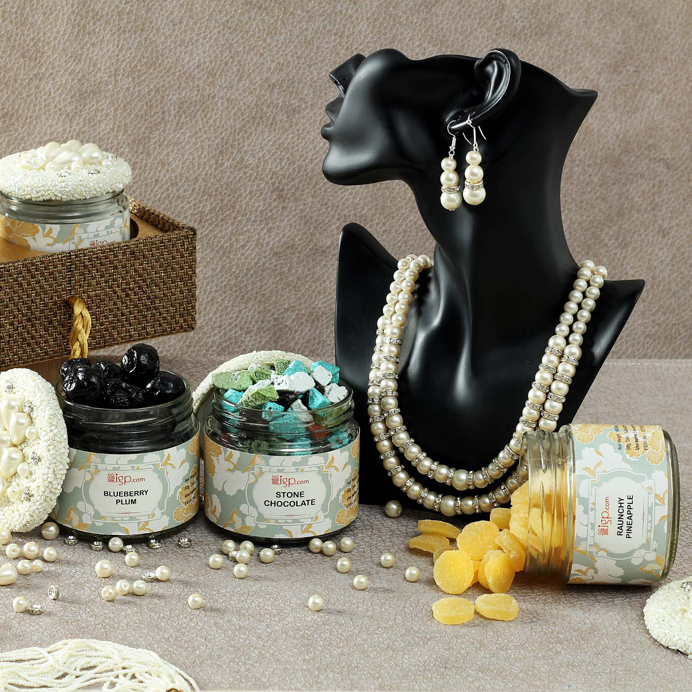 Hamper of Sweet Delights in Decorative Jars with Pearl Necklace Set