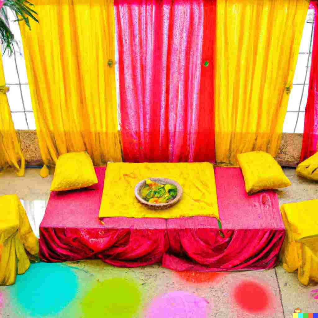 Colourful and Textured Haldi Ceremony Seating Area